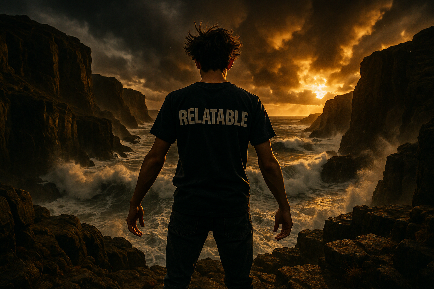 cria uma imagem para colocar no site de uma marca chamada redflagapparel que faz tshirst relatable. ao lado estara a historia da marca entao cria uma imagem parecida com a marca um jovem de costas na natureza com uma thirt a dizer f*cking relatable. o ambiente tem de ser forte e realista mas radical
